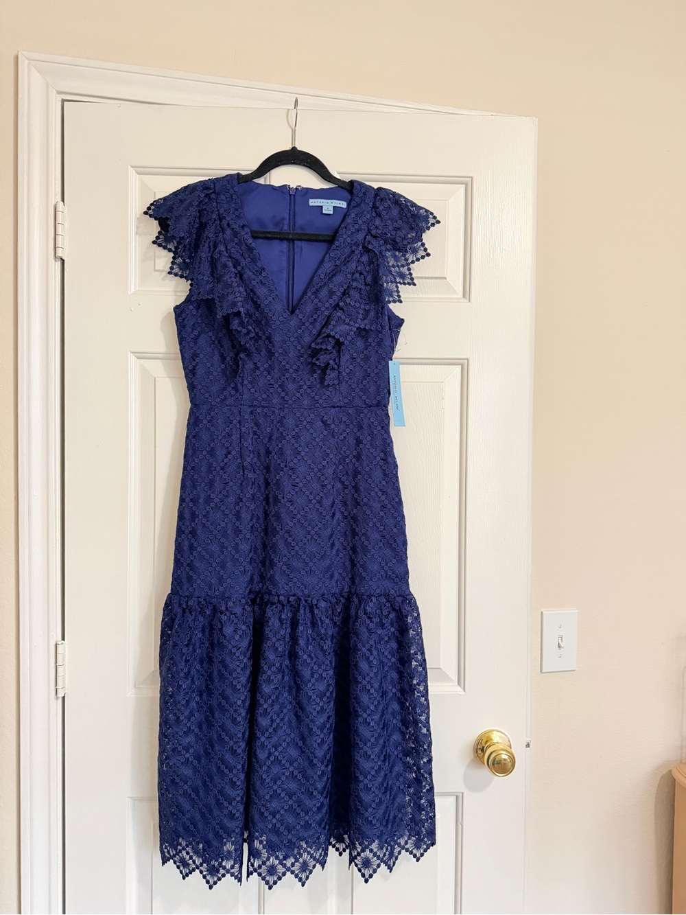 ANTONIO MELANI Navy Lace V-Neck Ruffle Midi Dress